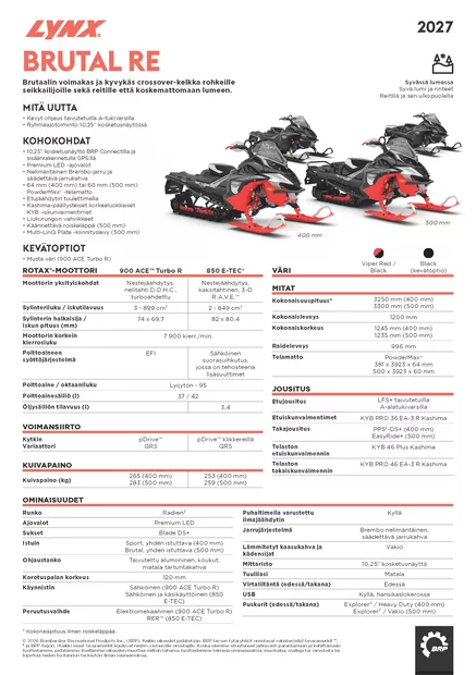 Lynx 27 Brutal RE (500mm) 900 ACE Turbo R 10,25" Viper Red / Black - Lynx moottorikelkka 2027 -mallisto - 144351 - 2