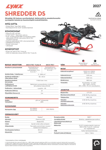 Lynx 27 Shredder DS 4100 850 E-Tec Turbo R Shot 10,25" 76mm Mineral Blue / Viper - Lynx moottorikelkka 2027 -mallisto - 144371 - 2