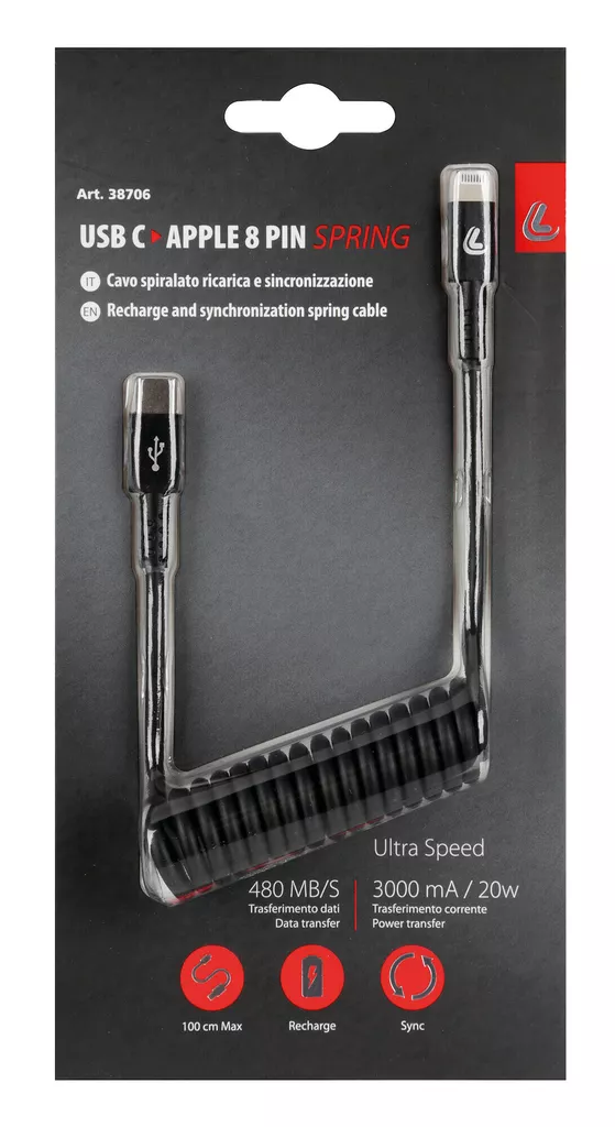 Optiline Usb-C to Apple 8Pin 1M Recoile Cable 38706 - Moottoripyörän matkapuhelintarvikkeet - D449311 - 1