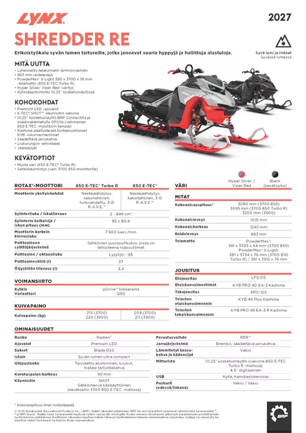Lynx 27 Shredder RE 3700 850 E-Tec Shot 10,25" 64mm Hyper Silver / Viper Red - Lynx moottorikelkka 2027 -mallisto - 144374 - 2