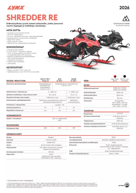 LYNX 26 SHREDDER RE 3900 850 E-TEC SHOT 76MM POWDERMAX X-LIGHT VIPER RED / BLACK - Lynx Syvä lumi 2026 - 139369 - 2