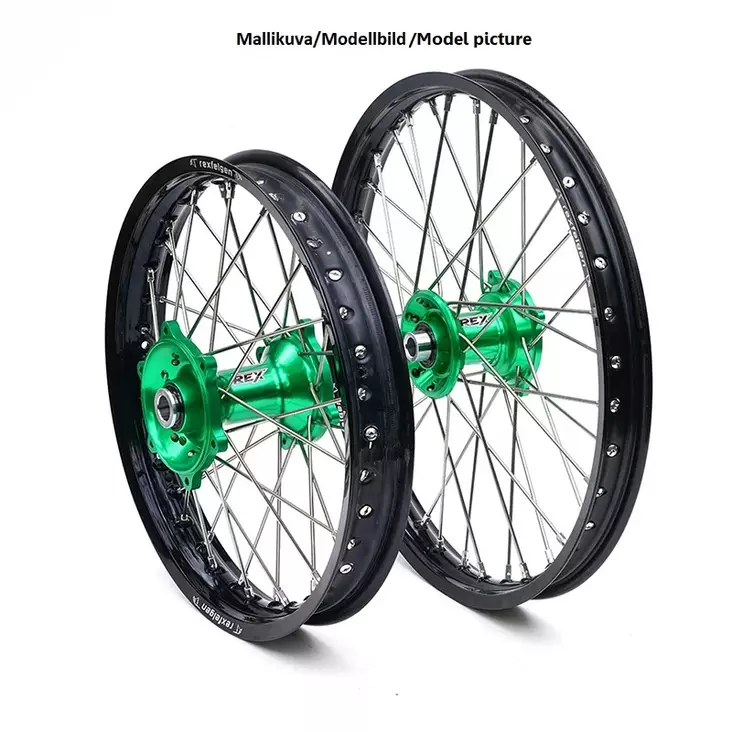 REX WHEELS 18-2,15 ALL KX/KXF 03-.. MUSTA VANNE/VIHREÄ NAPA 25MM - Moottoripyörän täydelliset vanteet - D221899 - 1